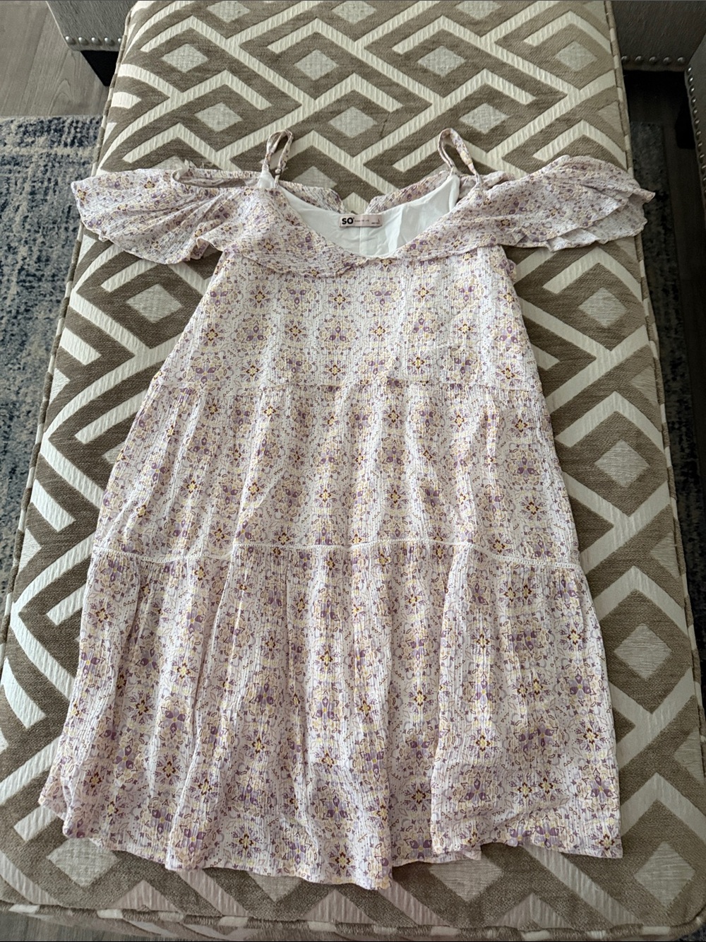 SO Lavender Floral Ruffle Cold-Shoulder Dress